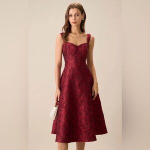 NWT RIHOAS The Red Sweetheart Neck Jacquard Midi Dress